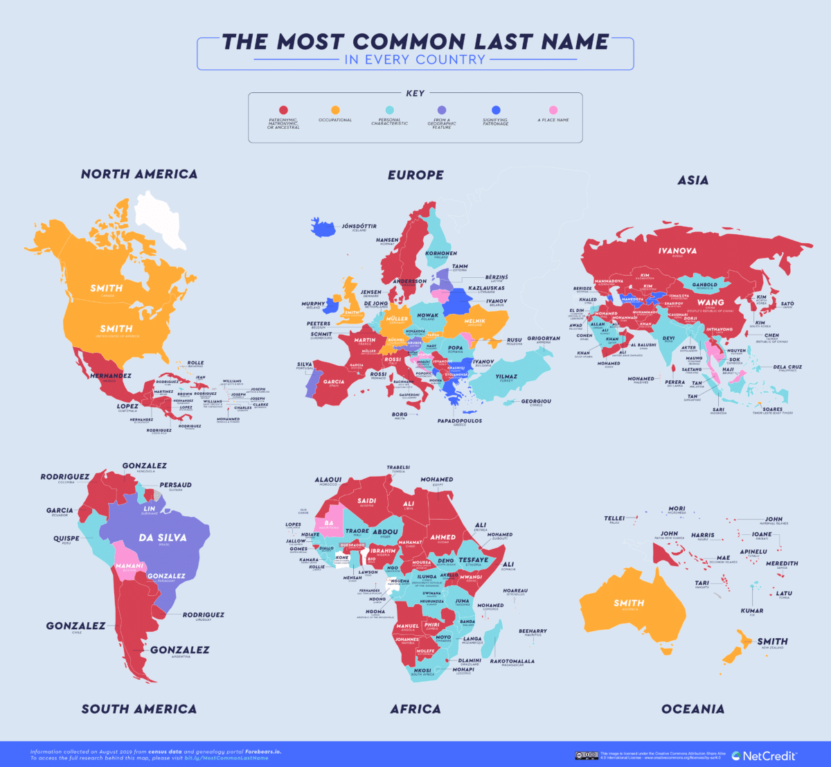 Map Reveals the Most Common Surnames in Every Country.