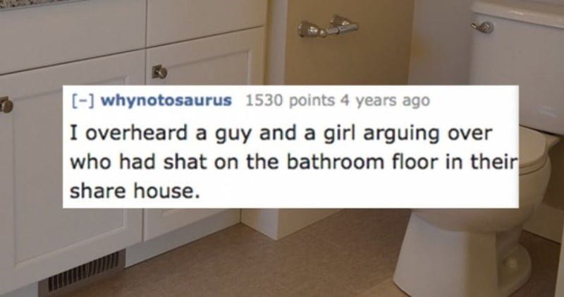 Property - [-]whynotosaurus 1530 points 4 years ago I overheard a guy and a girl arguing over who had shat on the bathroom floor in their share house.