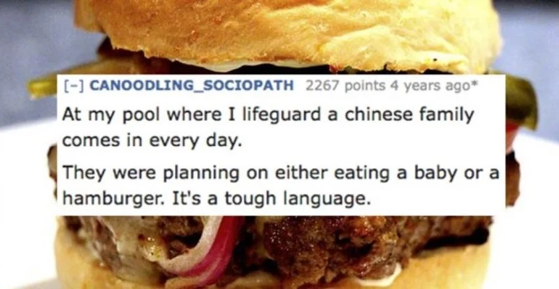 Dish - [-] CANOODLING_SOCIOPATH 2267 points 4 years ago* At my pool where I lifeguard a chinese family comes in every day. They were planning on either eating a baby or a hamburger. It's a tough language.